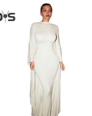 (white, L) Women Evening Dress Dolman Sleeves Skinny Cape Type Pure Color O Neck Long Sleeves Sheath Prom Cocktail Dinner Special Events Maxi Dress