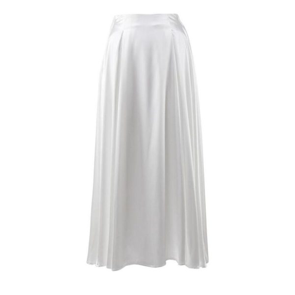 (white, L) Women Summer Elegant High Waist Satin Solid Color Casual Ruffles A Line Skirt