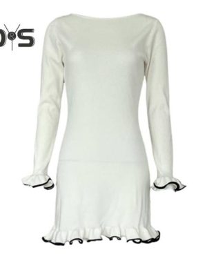 (white, M) Fall Spring Women Dress Ruffle Hem And Cuffs Slim Fit Sheath Long Sleeves Solid Color Knitted Stretchy Prom Party Mini Dress