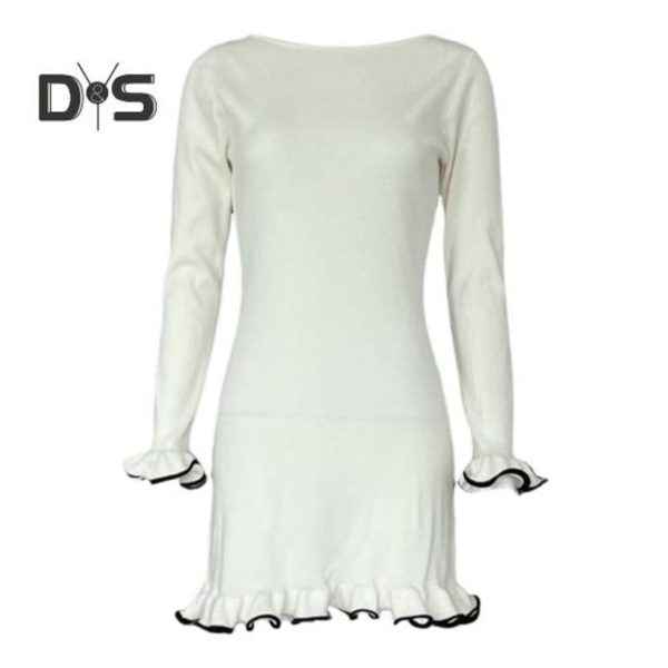 (white, M) Fall Spring Women Dress Ruffle Hem And Cuffs Slim Fit Sheath Long Sleeves Solid Color Knitted Stretchy Prom Party Mini Dress