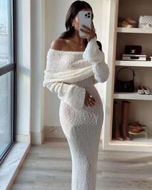 (white, M) Knit Hollow Out Cover Ups Maxi Dress Female Off-shoulder Loose Long Sleeve Dresses Holiday Casual Beach Party Dress For Women Slim Knitwear
