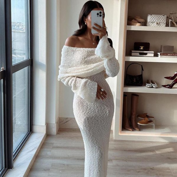 (white, M) Knit Hollow Out Cover Ups Maxi Dress Female Off-shoulder Loose Long Sleeve Dresses Holiday Casual Beach Party Dress For Women Slim Knitwear