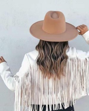 (white, M) Women's Deerskin Jacket Lapel Fringe Short Coat Leather Coat