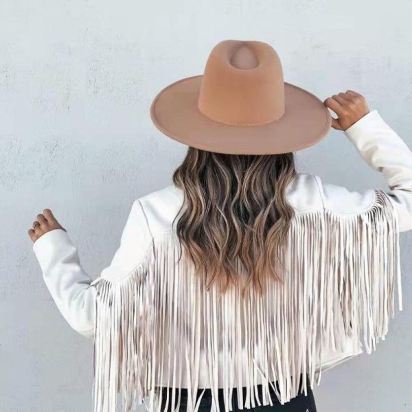 (white, M) Women's Deerskin Jacket Lapel Fringe Short Coat Leather Coat