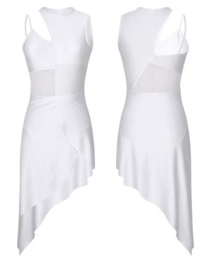 (white, M) Womens Performance Dance Clothes Mesh Splice Patchwork High Low Lyrical Stage Samba Dancing Dress