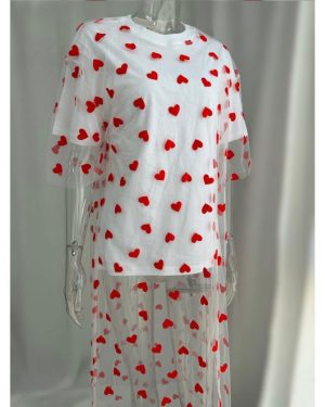 (white, One Size) Hirsionsan Heart Mesh Patchwork Vintage Long T Shirt Dress Streetwear Aesthetic Chic Dresses Women Casual Cotton Short Sleeve Clothe