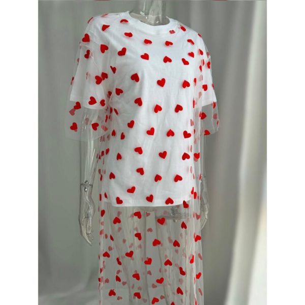 (white, One Size) Hirsionsan Heart Mesh Patchwork Vintage Long T Shirt Dress Streetwear Aesthetic Chic Dresses Women Casual Cotton Short Sleeve Clothe
