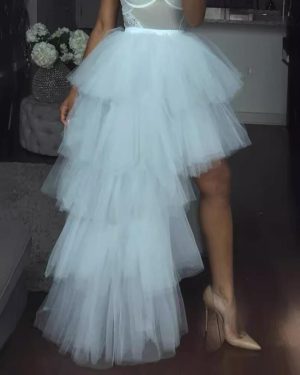 (white, One Size) Top Quality Women Ruffles Fashion Asymmetrical High Long Waist Mesh Tutu Tulle Midi Skirt White Pink Women