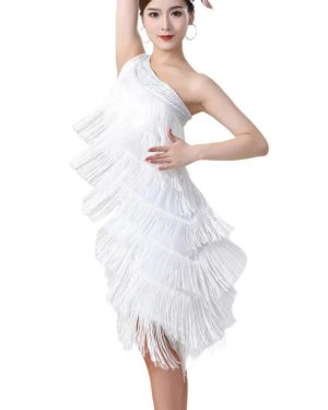 (white, One Size) Women Sequin Elegant One Shoulder Latin Dance Dress Adult Sexy Tassel Fringe Flapper Dress Ballroom Cocktail Dance Costume