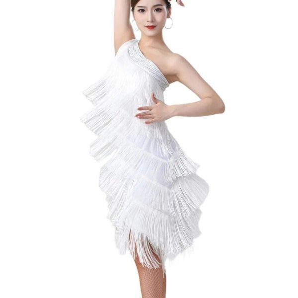 (white, One Size) Women Sequin Elegant One Shoulder Latin Dance Dress Adult Sexy Tassel Fringe Flapper Dress Ballroom Cocktail Dance Costume