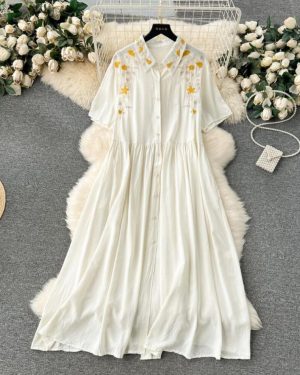 (white, One Size) Women Vintage Embroidery Pleated Single Breasted A-line Dresses Lapel Half Sleeve Loose Plus Size Dresses Spring Summer 2024 Sm10045