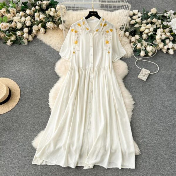 (white, One Size) Women Vintage Embroidery Pleated Single Breasted A-line Dresses Lapel Half Sleeve Loose Plus Size Dresses Spring Summer 2024 Sm10045