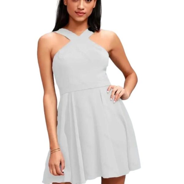 (white, S) Women Sleeveless Backless Sexy Club Mini Dress 2024 Summer Party Strappy Back Zipper Solid Shift Halter Short Dresses