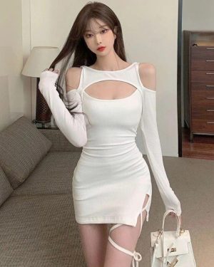 (white, XL) Casual Party Y2k Mini Dress Summer Cut Out Slim Sexy Dress Elegant Lace-up Long Sleeve White Dress Streetwear Vestidos 27719