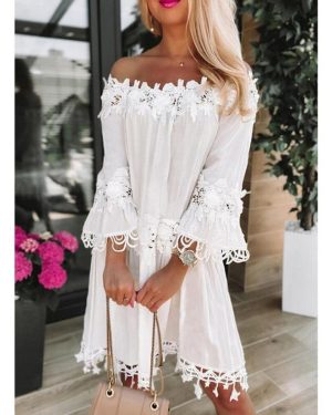 (white, XXL) Summer Off Shoulder Strapless Lace Dress New Women Flared Half Sleeve Casual Loose White Short Dress A-line Hollow Out Dresses Clothes 58