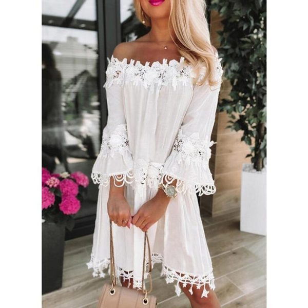 (white, XXL) Summer Off Shoulder Strapless Lace Dress New Women Flared Half Sleeve Casual Loose White Short Dress A-line Hollow Out Dresses Clothes 58