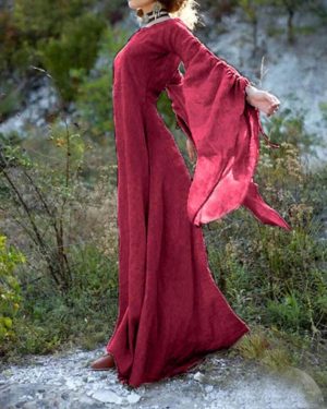 (wine, XXXXXL) Women Fall Winter Gothic Retro Solid Long Sleeve Ball Gowns Maxi Dress
