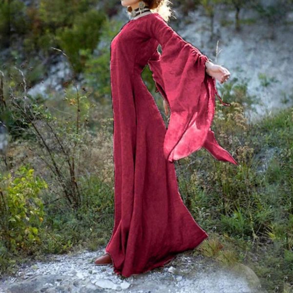 (wine, XXXXXL) Women Fall Winter Gothic Retro Solid Long Sleeve Ball Gowns Maxi Dress