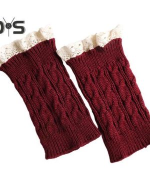 (wine red) 1 Pair Calf Covers For Boots Lace Trim Knitted Thick Keep Warm Over-the-knee Socks High Elasticity Anti-slip Footless Calf Sleeves