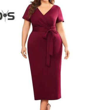 (wine red, 3XL) Women Dress V Neck Plus Size Short Sleeve Belted Tight Waist Solid Color Sheath Slim Fit Mid Calf Length Soft Evening Dress Formal Mid