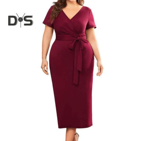 (wine red, 3XL) Women Dress V Neck Plus Size Short Sleeve Belted Tight Waist Solid Color Sheath Slim Fit Mid Calf Length Soft Evening Dress Formal Mid