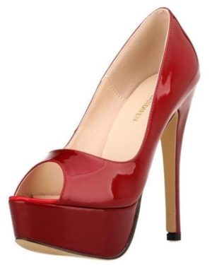 (wine red, 42) LOSLANDIFEN Sexy Peep Toe Platform Women Pumps 14cm Super High Patent Leather Heels Shoes Red Wedding Stilettos Large Size 43 44