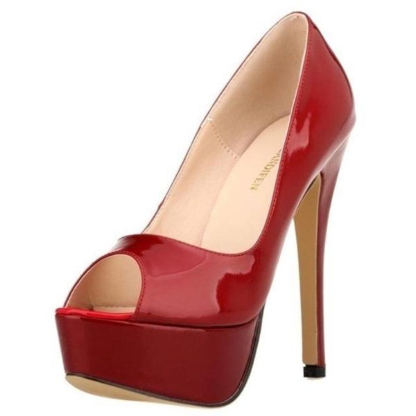 (wine red, 42) LOSLANDIFEN Sexy Peep Toe Platform Women Pumps 14cm Super High Patent Leather Heels Shoes Red Wedding Stilettos Large Size 43 44