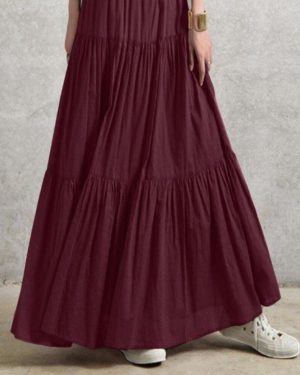 (wine red, L) Spring Summer Women's Skirt Peplum Casual Long Skirt Plain Skirt Vintage Style Pleated Half Skirt