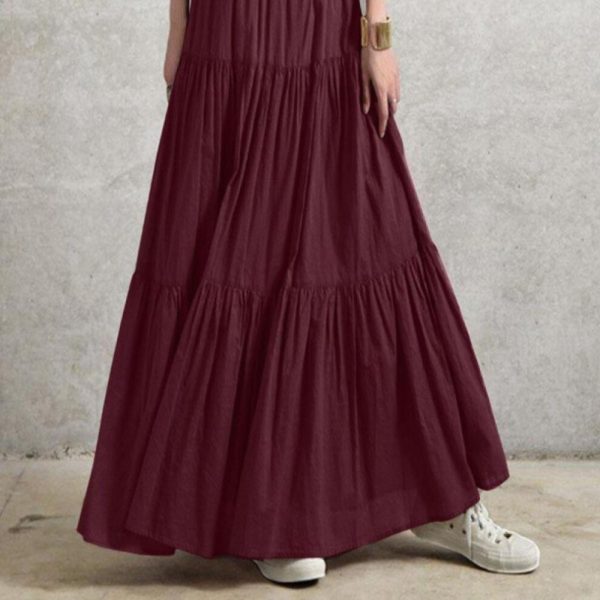 (wine red, L) Spring Summer Women's Skirt Peplum Casual Long Skirt Plain Skirt Vintage Style Pleated Half Skirt