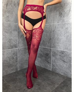 (wine red, One Size) Women Sexy Fishnet Pantyhose Thigh High Socks Lingerie Plus Size Floral Lace Stockings
