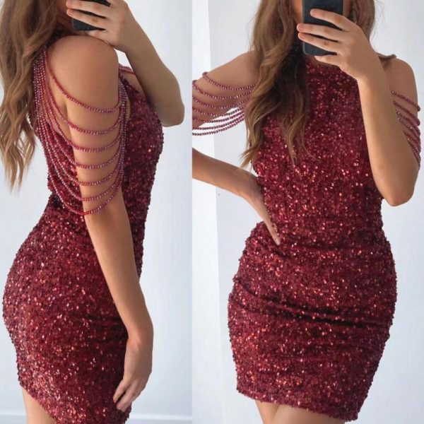 (wine red, S) Sleeveless Tassel Shoulder Waist Tight Hip Wrap Gown Dress Women Sequin Decor Mini Halter Pencil Dress For Cocktail Party