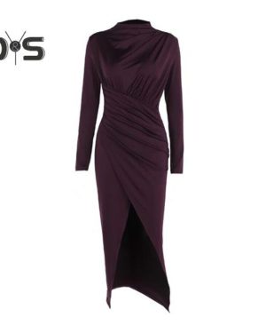 (wine red, S) Women Bodycon Maxi Dress Long Sleeve Half-high Neck Dress Front Slit Ruched Formal Dress For Cocktail Party Wedding Date Vacation Dinner