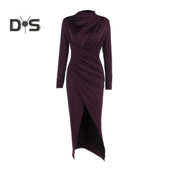 (wine red, S) Women Bodycon Maxi Dress Long Sleeve Half-high Neck Dress Front Slit Ruched Formal Dress For Cocktail Party Wedding Date Vacation Dinner