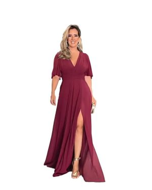 (wine red, S) "european And American Chiffon V-neck Split Long Dress"