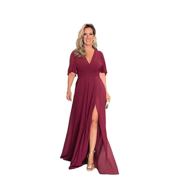 (wine red, S) "european And American Chiffon V-neck Split Long Dress"