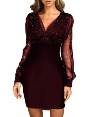 (wine red, XL) Women Evening Dress V Neck See-through Mesh Patchwork Long Sleeve Shiny Slim Fit Tight Waist Sheath Solid Color Party Prom Mini Dress