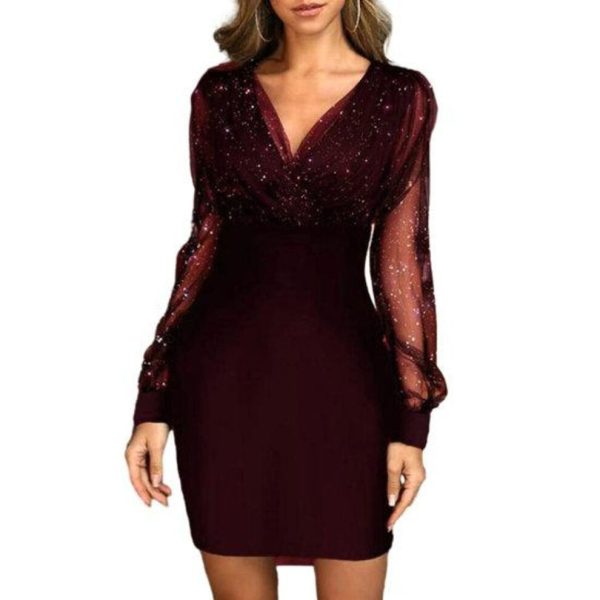 (wine red, XL) Women Evening Dress V Neck See-through Mesh Patchwork Long Sleeve Shiny Slim Fit Tight Waist Sheath Solid Color Party Prom Mini Dress