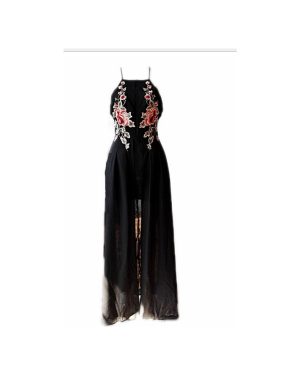 (xl, black) Rose Floral Embroidered High Low Boutique Party Dress