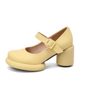 (yellow, 41) Women Pu Leather Pumps Chunky Heel Round Toe Mary Janes Buckle Sweet Party Spring Autumn Shoes Black White Yellow Green
