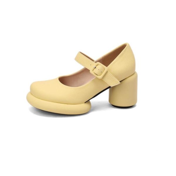 (yellow, 41) Women Pu Leather Pumps Chunky Heel Round Toe Mary Janes Buckle Sweet Party Spring Autumn Shoes Black White Yellow Green