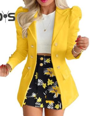 (yellow, M) 2 Pcs/set Women Coat Skirt Set Formal Business Style Plaid Print Turn-down Collar Mid Length Jacket High Waist A-line Mini Skirt Commuting