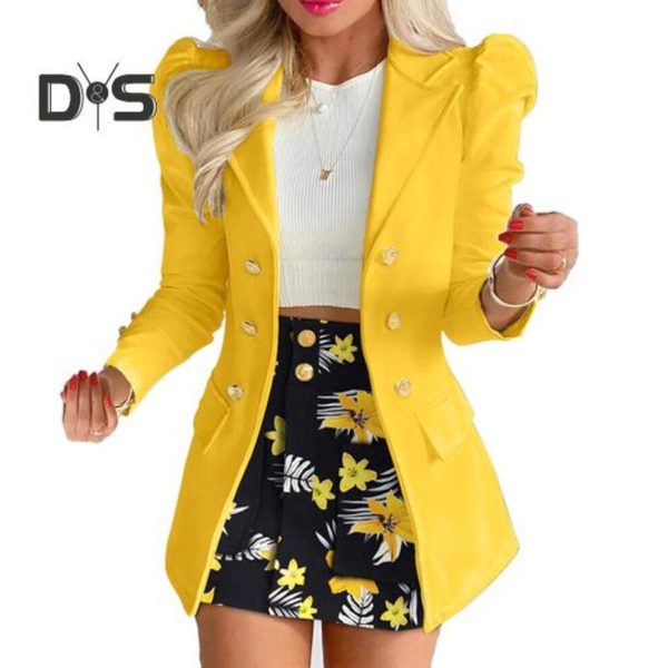 (yellow, M) 2 Pcs/set Women Coat Skirt Set Formal Business Style Plaid Print Turn-down Collar Mid Length Jacket High Waist A-line Mini Skirt Commuting