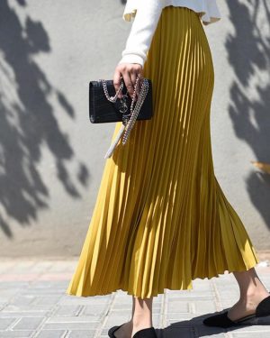 (yellow, M) Autumn And Winter New Solid Color Large Long Style Pleated Skirt High Waist Skirt Women Elastic Waist Skirt