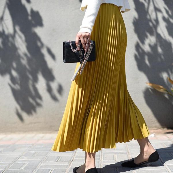 (yellow, M) Autumn And Winter New Solid Color Large Long Style Pleated Skirt High Waist Skirt Women Elastic Waist Skirt