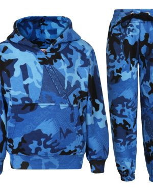 (11-12 Years, Camo Blue) Unisex Camo Blue Hooded Jogging Suit Joggers 2-13