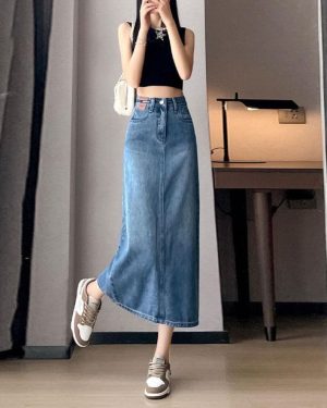 (2XL) Korean Retro High-Waist Split Denim A-Line Skirt For Women