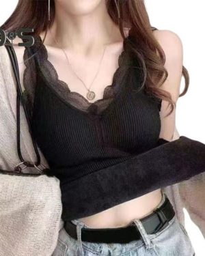 (2XL, black) Women Thermal Vest Lace Trim Plush-lined V Neck Sleeveless Thread Solid Color Slim Fit Elastic with Chest Pads Layering Tank Top Lady Bot