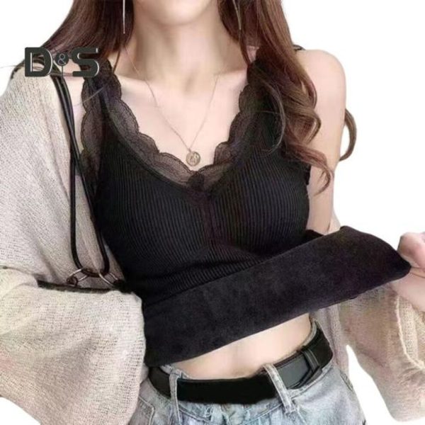 (2XL, black) Women Thermal Vest Lace Trim Plush-lined V Neck Sleeveless Thread Solid Color Slim Fit Elastic with Chest Pads Layering Tank Top Lady Bot