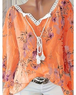 (3XL, orange) Plus Size Casual Blouse, Women's Plus Floral Print Contrast Lace Long Sleeve Tie Neck Tunic Shirt Top