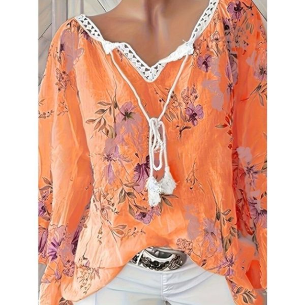 (3XL, orange) Plus Size Casual Blouse, Women's Plus Floral Print Contrast Lace Long Sleeve Tie Neck Tunic Shirt Top